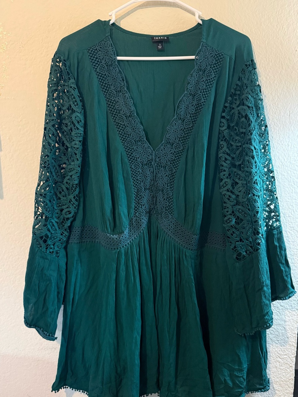 Torrid Dark Green Crochet-Trim V-Neck Long Baby Doll Lace Top